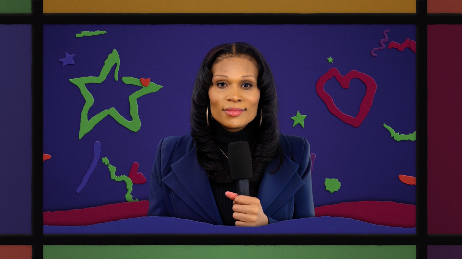 Presenter composited into an animated cut paper news studio