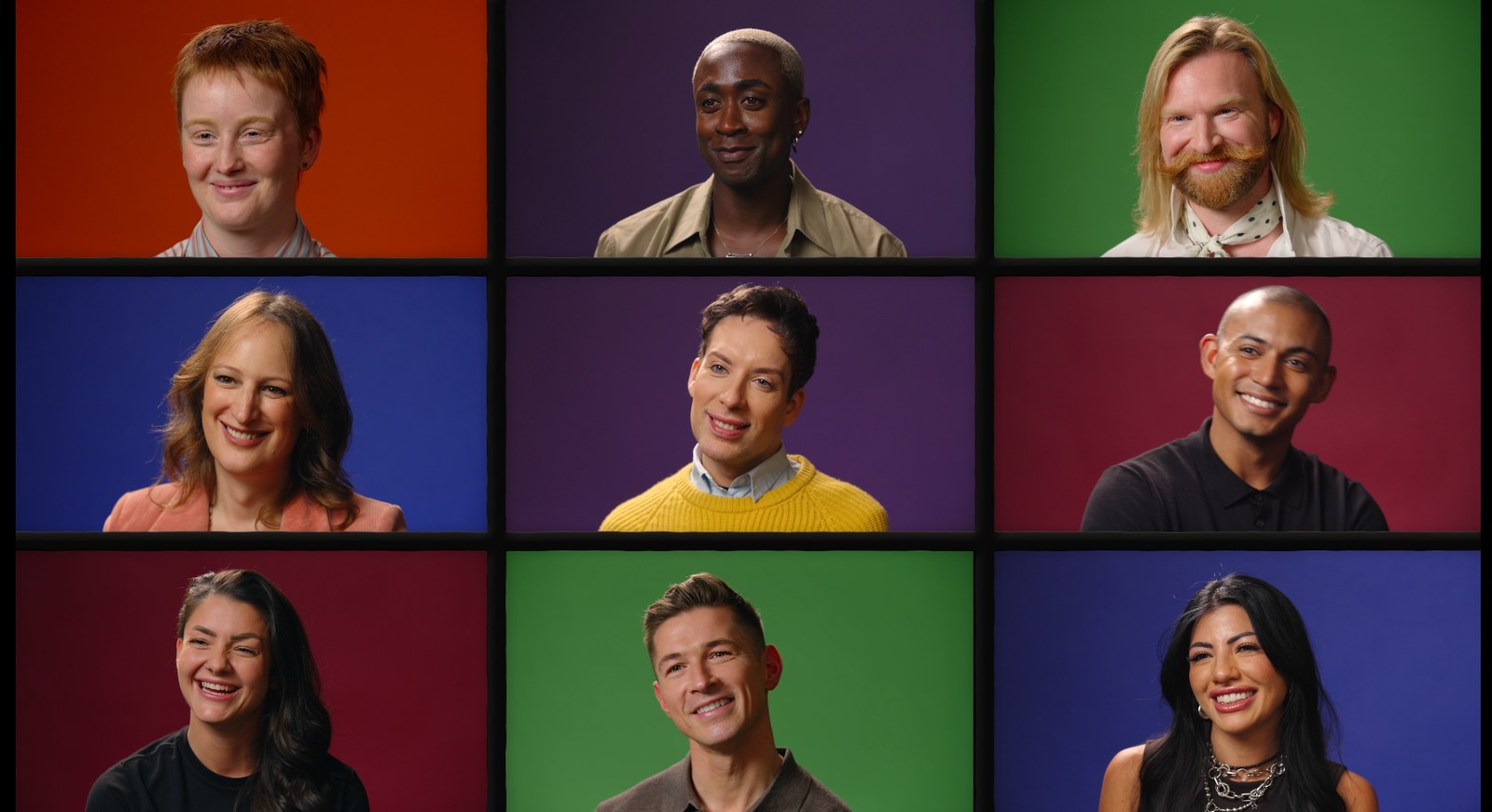 Nine panel grid of interview subjects on saturated color backdrops