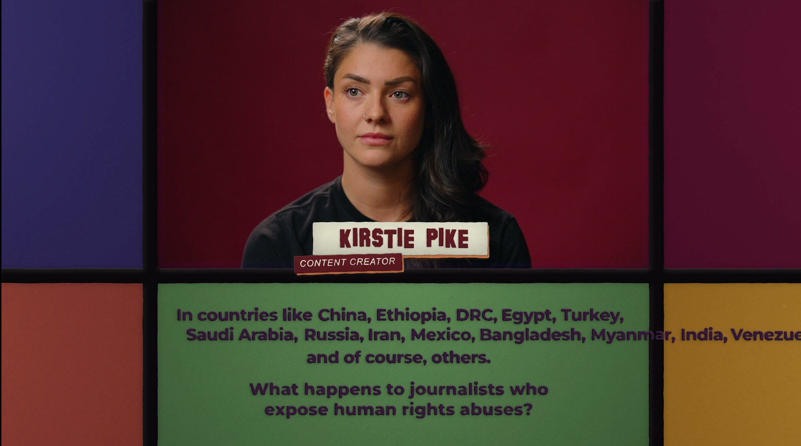 Lower third name plate over an interview subject in a colored panel layout